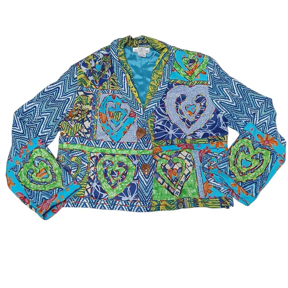 Sandy Starkman Patchwork Blazer Women’s M Multicolor‎ Heart Button Boho Hippie